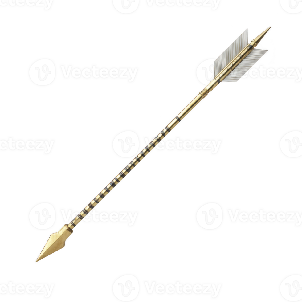Golden arrow with detailed shaft and white fletching, showcasing intricate craftsmanship and elegance. arrowhead is pointed and metallic, adding to its striking appearance png