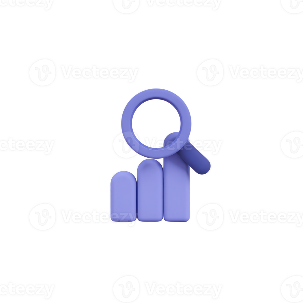 3D illustration of purple magnifying glass over bar chart symbolizes data analysis and research. design is modern and minimalistic, conveying sense of clarity and focus png