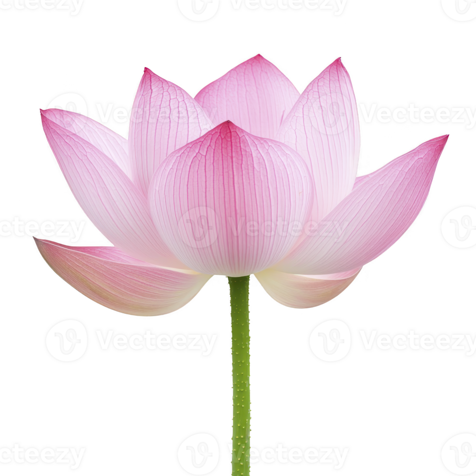 Delicate pink lotus flower with soft petals and green stem, symbolizing purity and tranquility. flower is isolated on transparency background, highlighting its natural beauty png