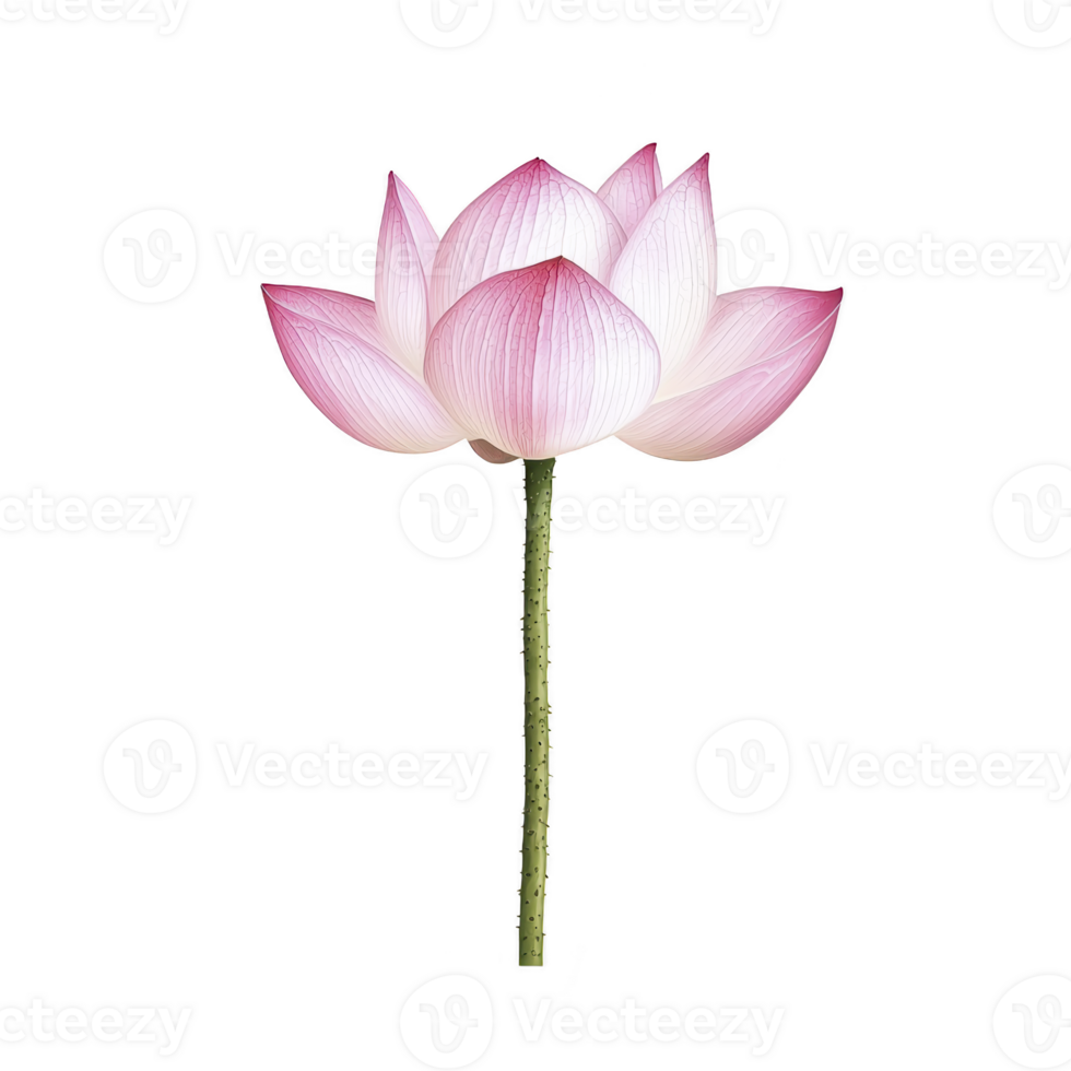 Delicate pink lotus flower with soft petals and slender green stem, symbolizing purity and tranquility. flower is isolated on transparency background, highlighting its elegance png