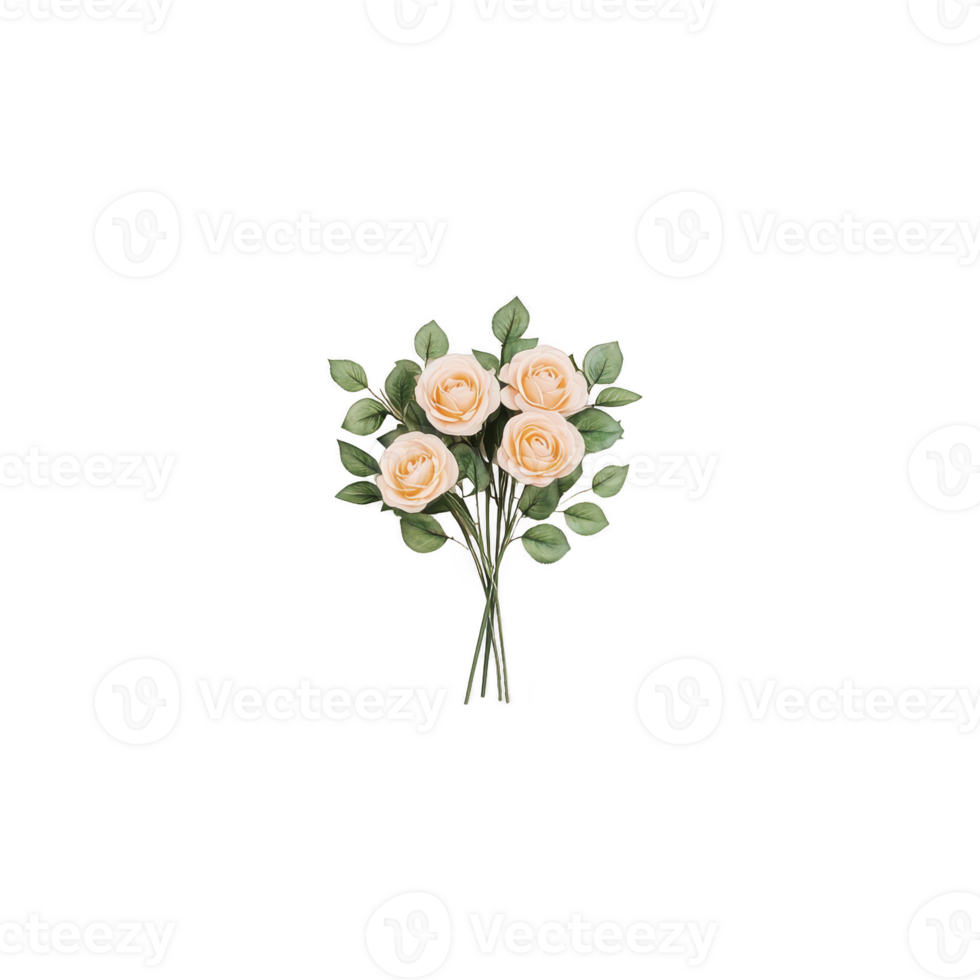 Bouquet of four peach roses with green leaves is arranged against plain background, creating simple and elegant floral display. soft peach color of roses adds touch of warmth and charm png