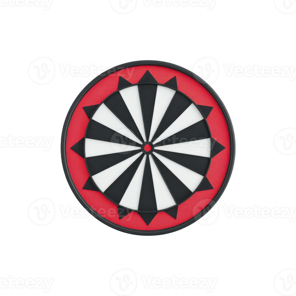Round dartboard with geometric black and white pattern is set against red background, creating striking visual contrast. design is symmetrical and eye catching png