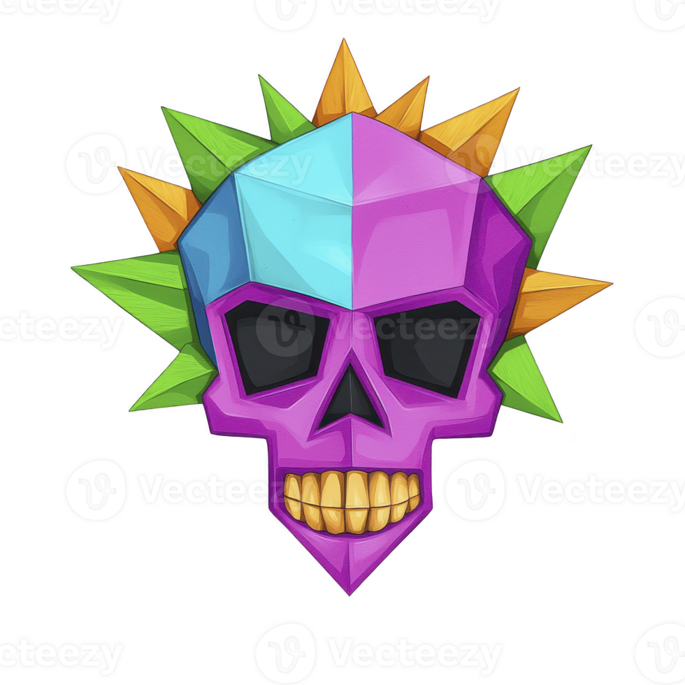 Vibrant geometric skull with colorful spikes radiates playful yet edgy vibe, featuring shades of purple, blue, and green. design is bold and modern, perfect for digital art enthusiasts png