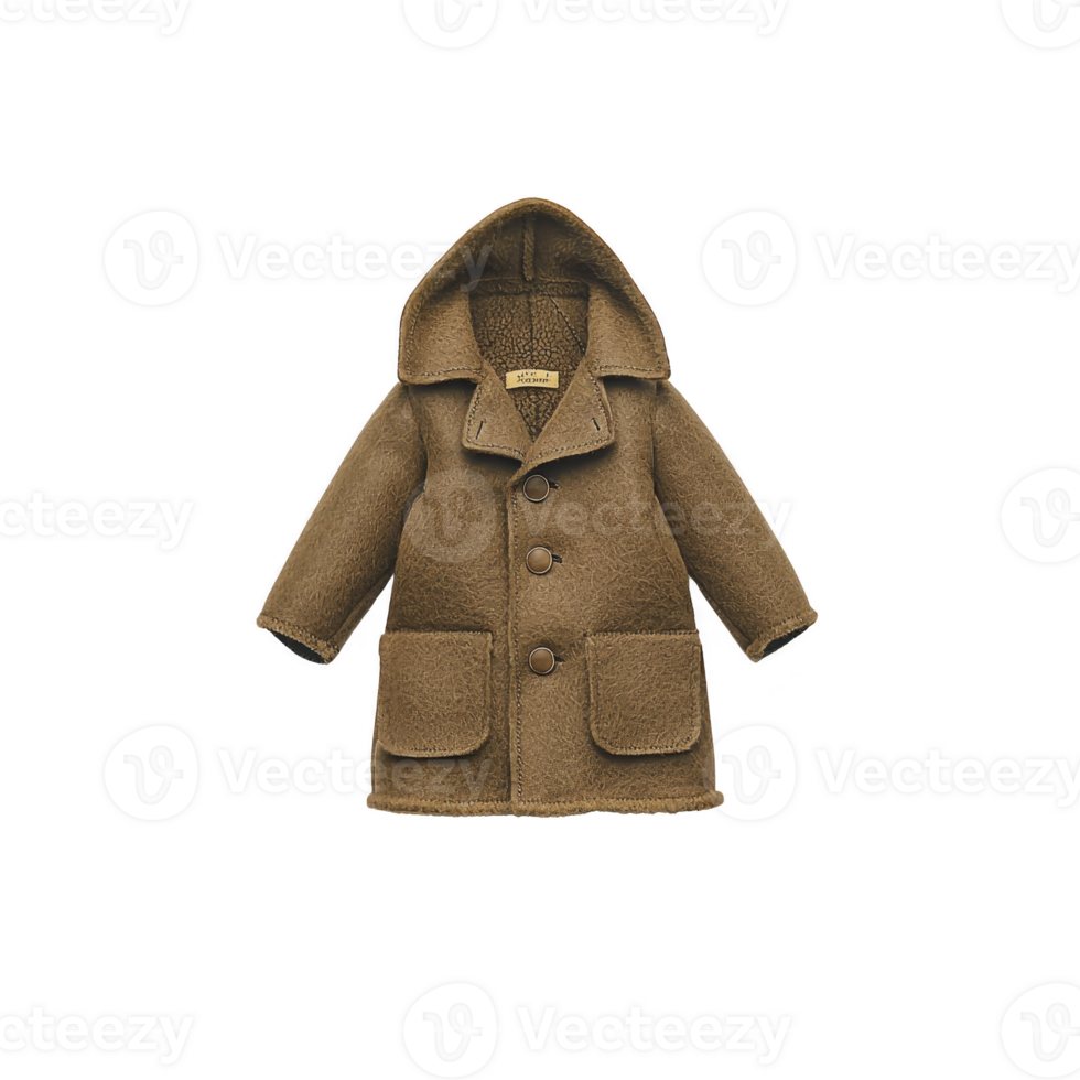 Cozy brown wool coat with hood and large buttons, featuring two front pockets and warm lining, perfect for cold weather png