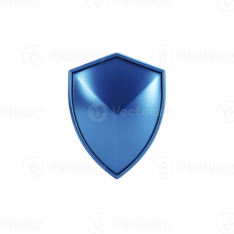 Shiny blue shield with metallic finish symbolizes protection and security. sleek design and vibrant color convey strength and reliability, making it ideal for digital security themes png