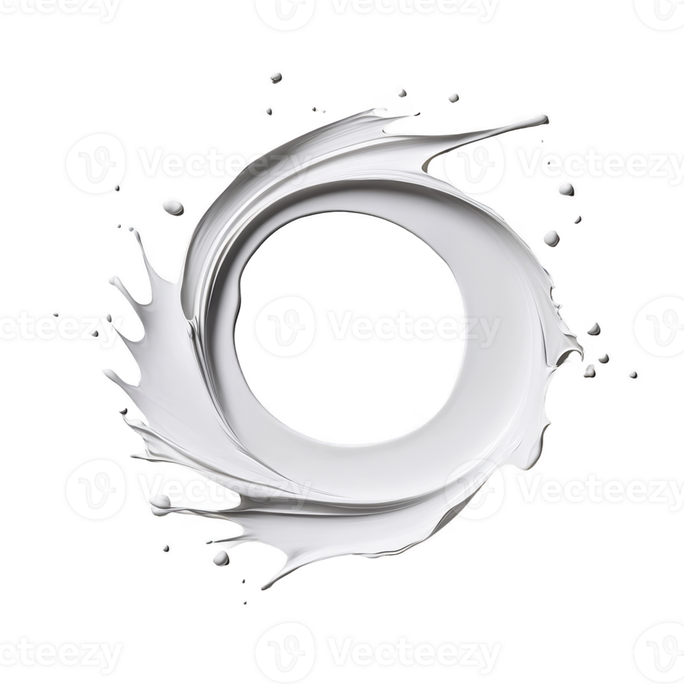 Dynamic splash of white paint forms circular shape against transparency background, creating striking and artistic visual. fluid motion and abstract design evoke creativity and movement png