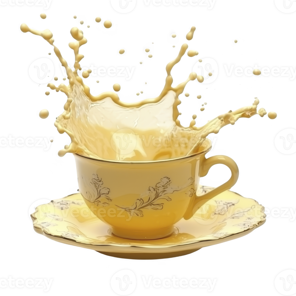 Splash of creamy liquid dramatically erupts from delicate yellow teacup with floral patterns, creating dynamic and lively scene. teacup sits on matching saucer png