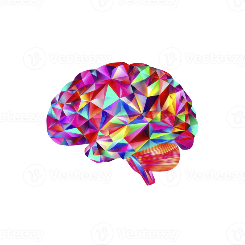 Vibrant, geometric brain illustration with colorful polygonal shapes, symbolizing creativity and intelligence. abstract design is visually striking and modern png