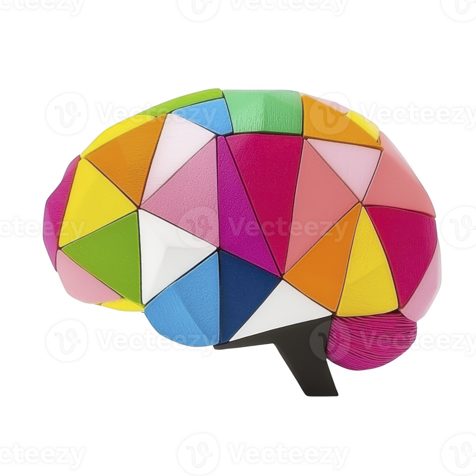 Colorful geometric brain model with vibrant triangular sections represents creativity and innovation. abstract design highlights concept of diverse thinking and mental processes png