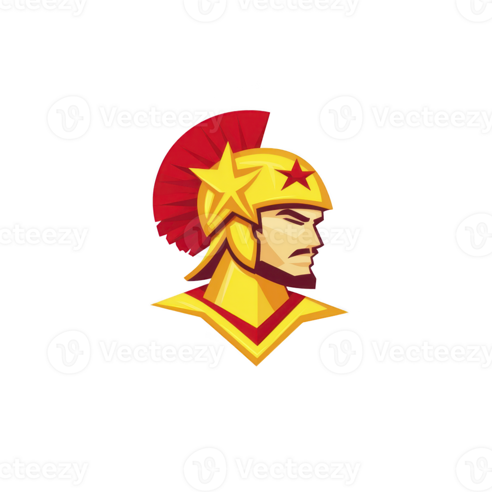 Stylized illustration of warrior in golden helmet with red plume and star, showcasing bold and heroic expression. design is vibrant and dynamic png