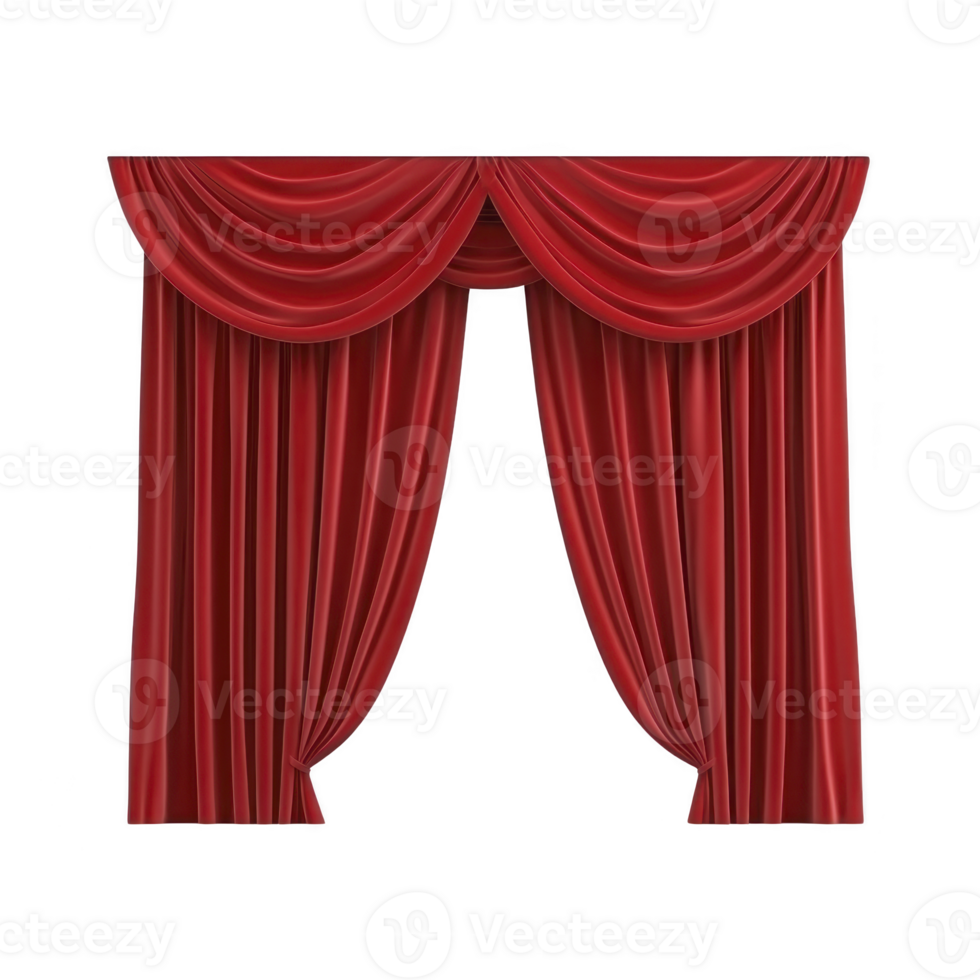 Red theater curtains with elegant draping create dramatic and classic stage entrance, evoking sense of anticipation and grandeur png