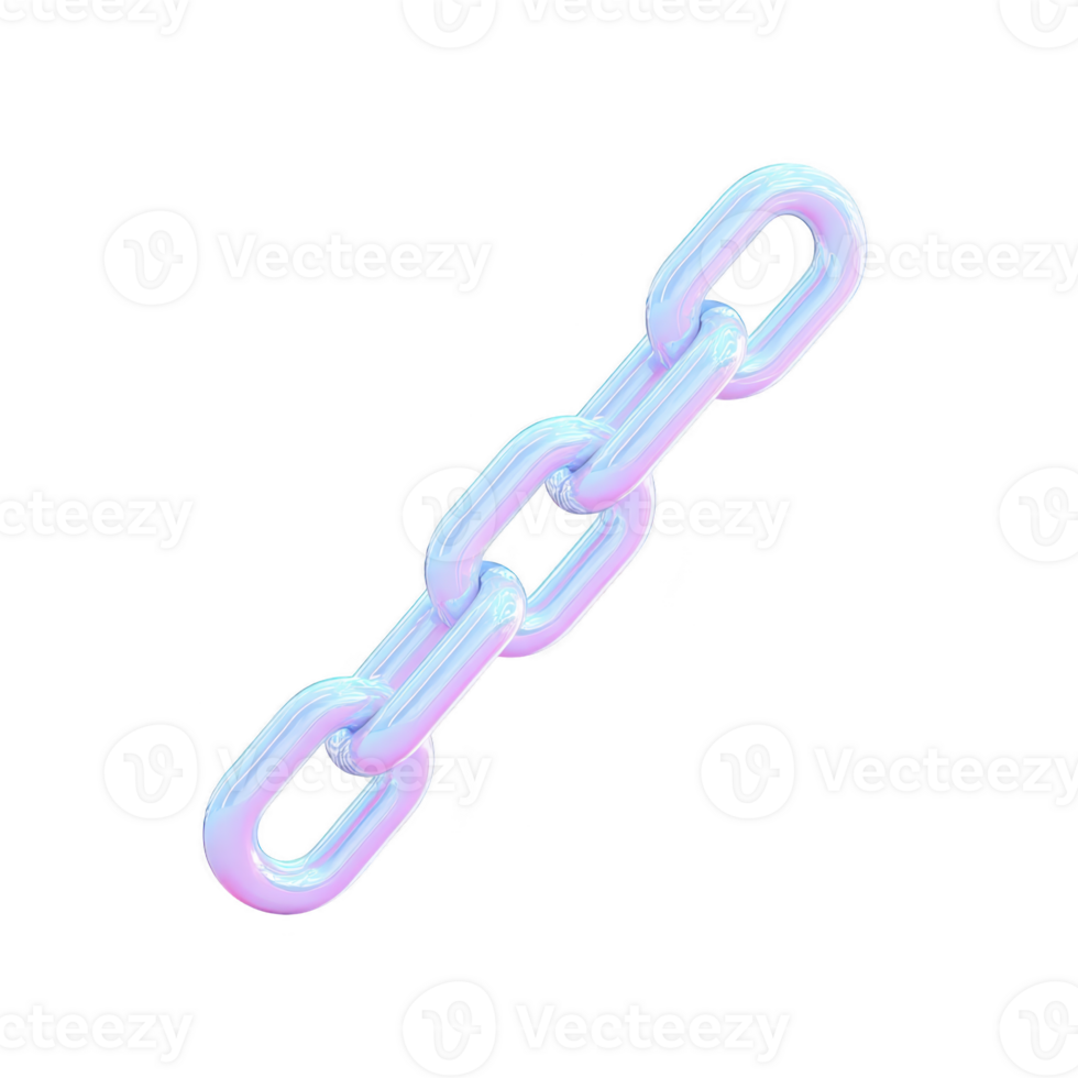 Shiny, iridescent chain with futuristic design, featuring interconnected links in gradient of pastel colors, floating against transparent background png