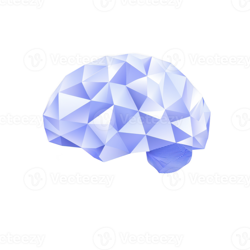 Geometric, faceted brain illustration in shades of blue and white, symbolizing creativity and innovation. abstract design features polygonal shapes, giving it modern and futuristic feel png