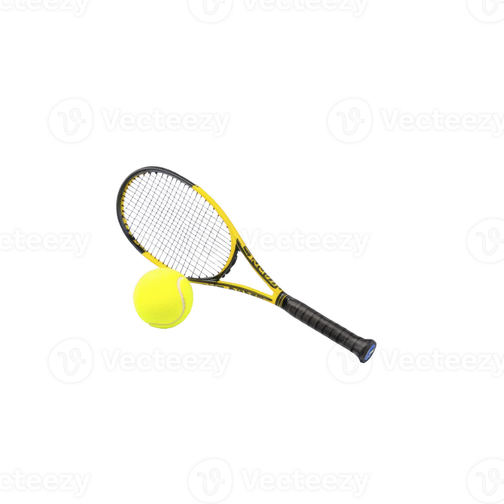 Yellow tennis racket and ball are isolated on transparency background, showcasing sports equipment for tennis enthusiasts. vibrant colors highlight dynamic nature of sport png