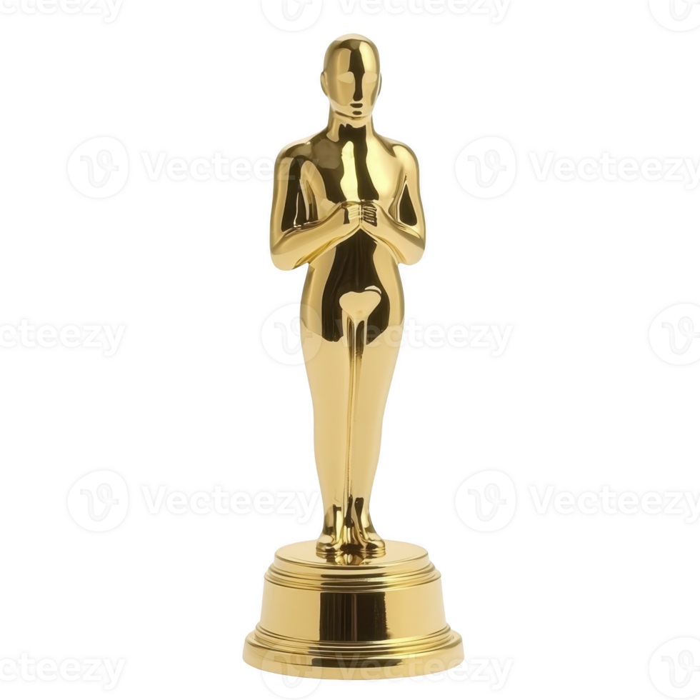 Golden statuette stands elegantly on round base, symbolizing achievement and recognition in film industry. shiny surface reflects light, adding sense of prestige png