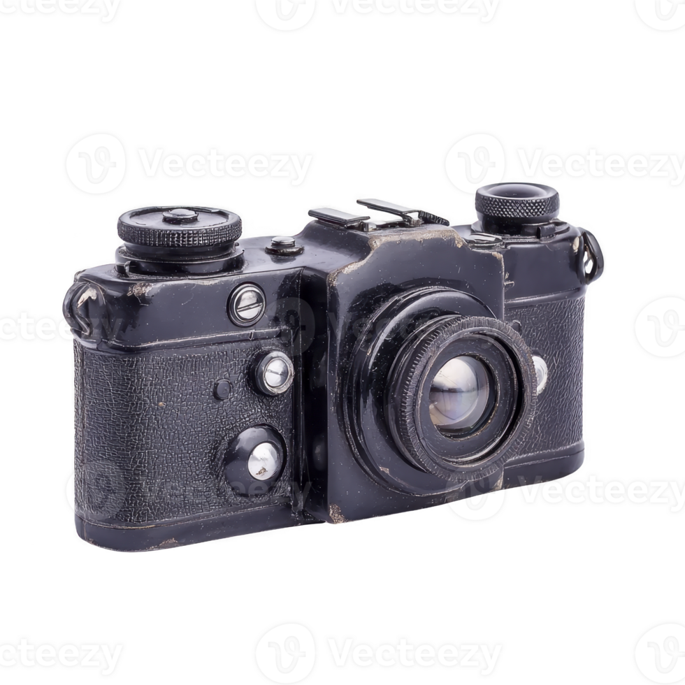 Vintage black camera with textured body and lens, showcasing classic design and mechanical details. camera evokes nostalgia and is symbol of traditional photography png