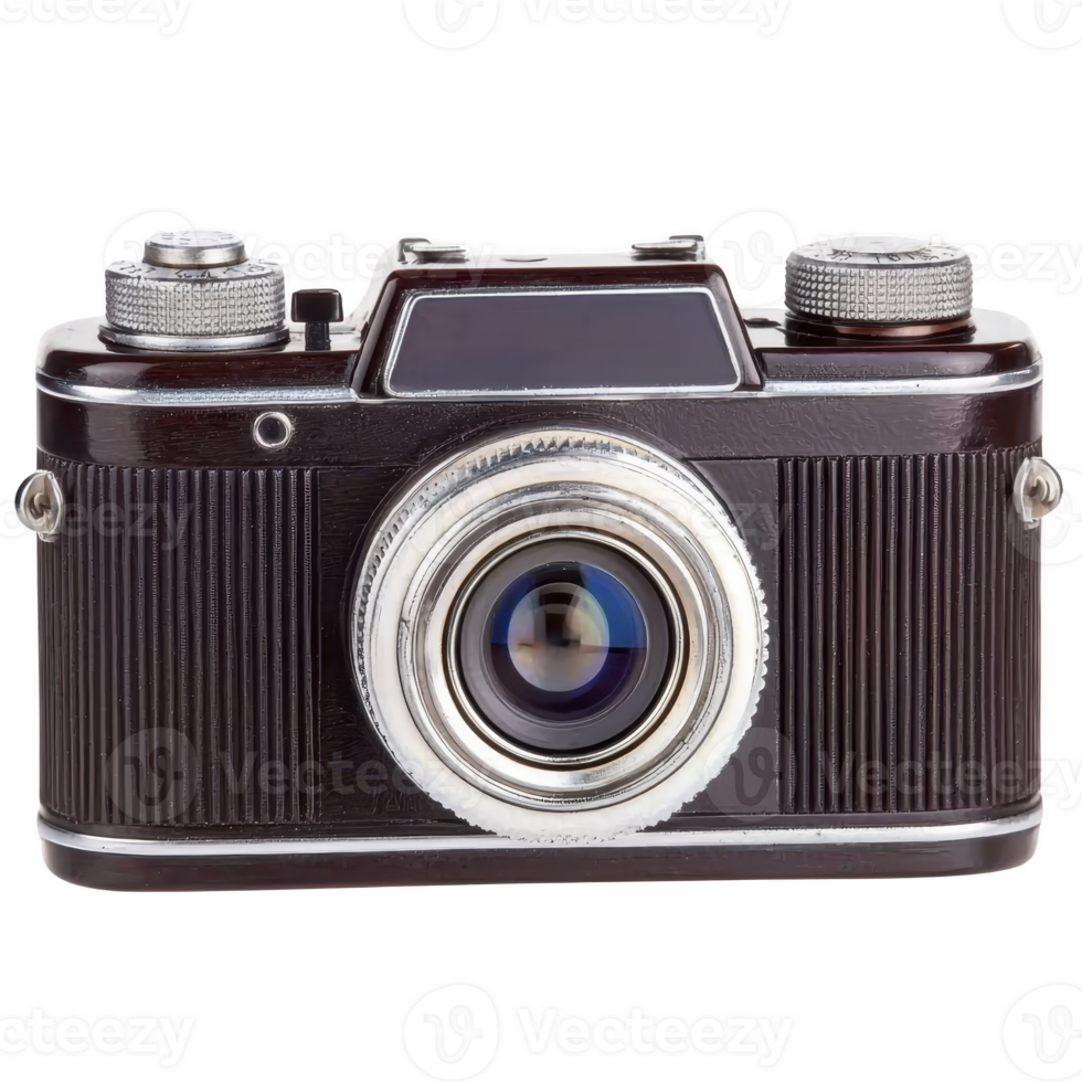 Vintage camera with classic design, featuring prominent lens and textured body, evokes nostalgia and art of photography. Its metallic details add touch of elegance png