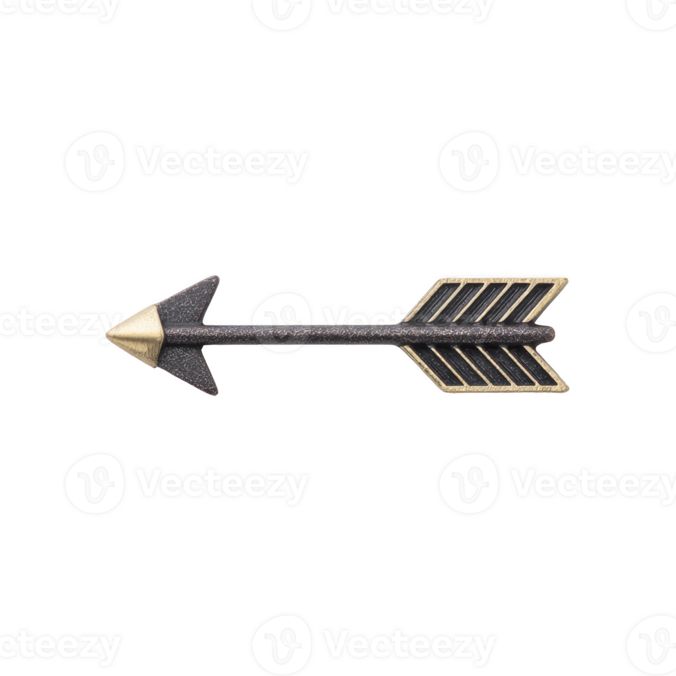 Decorative metal arrow with gold tip and feathered end, featuring rustic design. arrow is isolated on transparency background, showcasing its intricate details and craftsmanship png