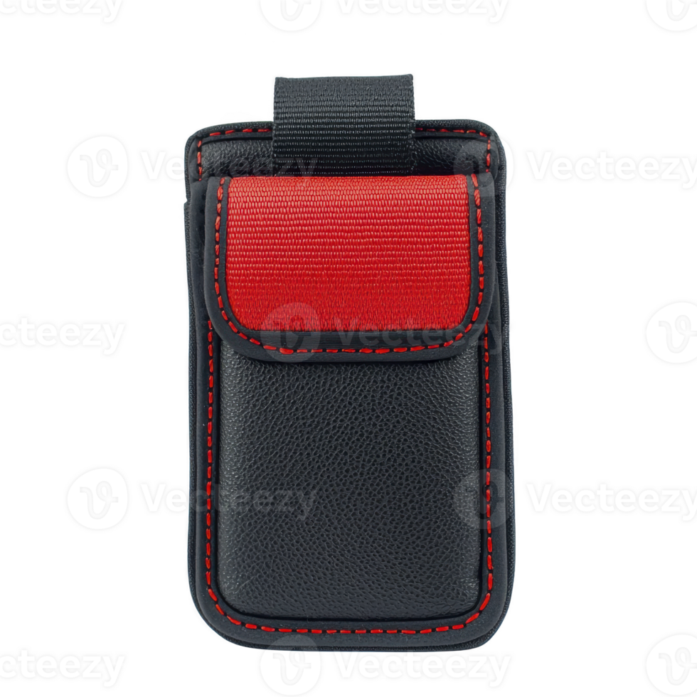 Black and red leather pouch with flap closure and stitching detail, designed for carrying small items. pouch features loop for easy attachment, combining functionality with style png