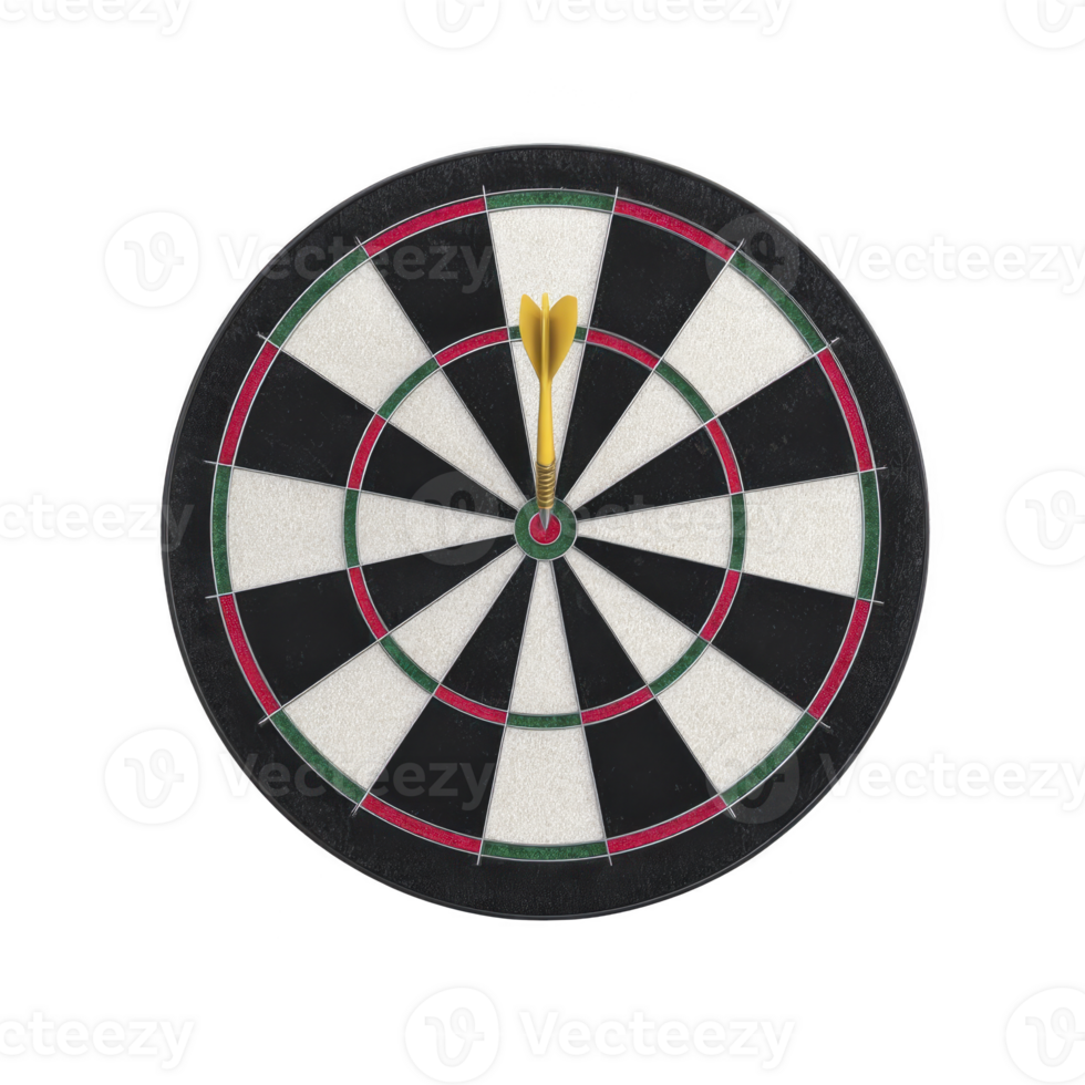 Dartboard with dart hitting bullseye, symbolizing precision and success. dartboard features alternating black and white sections with red and green accents png