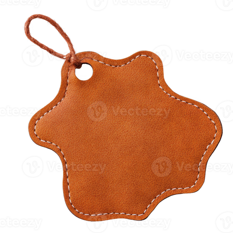 Brown leather tag with unique star shape and white stitching, featuring hole with string for attachment. texture is smooth and design is simple yet elegant png
