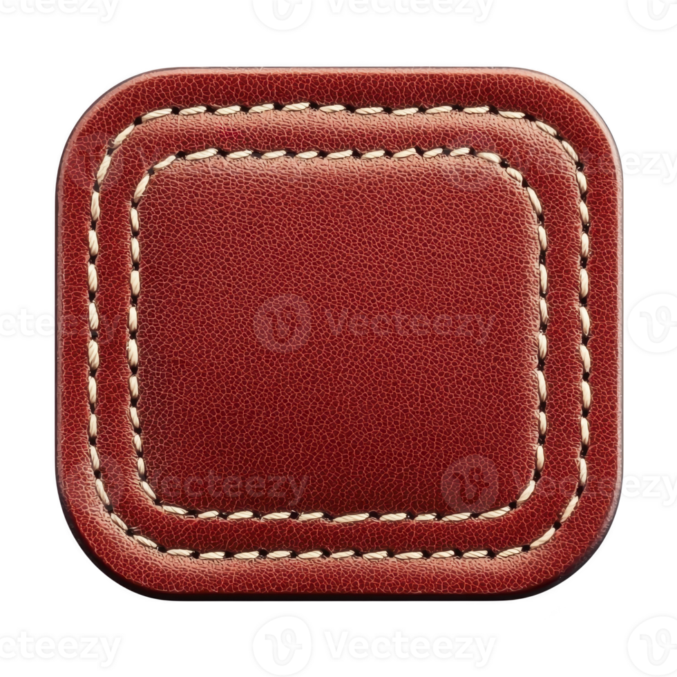 Square, red leather patch with detailed stitching creates classic and elegant look, perfect for fashion or upholstery design. texture and craftsmanship evoke sense of luxury and quality png