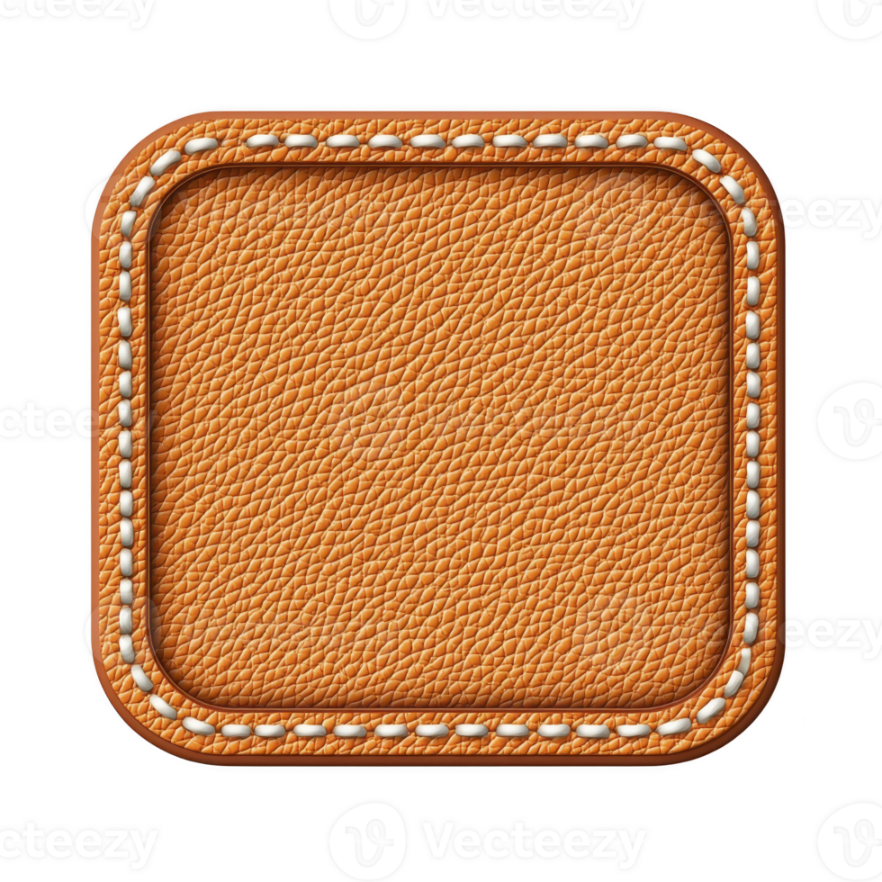 Square, textured leather patch with rounded corners and detailed stitching, showcasing rich brown color and realistic design. craftsmanship is evident intricate stitching and texture.leather patch png