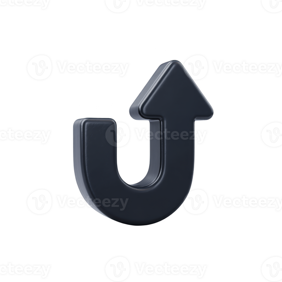 3D black U turn arrow icon with glossy finish, symbolizing direction change or reversal. arrow is isolated on transparent background, making it versatile for various design uses png