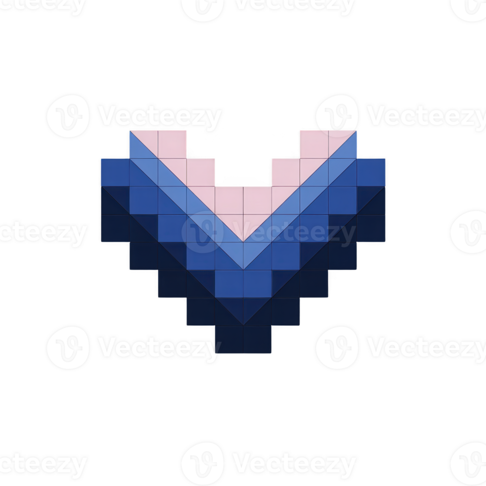 Heart shaped pixel art design features gradient of blue and pink squares, creating geometric and modern aesthetic. pattern is symmetrical and visually striking png