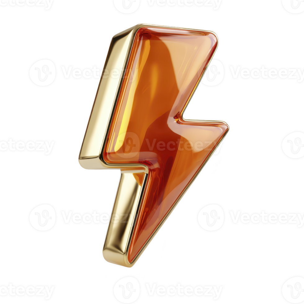 Shiny, golden lightning bolt icon with glossy orange interior symbolizes energy and power. sleek design and vibrant colors convey sense of dynamic movement and modernity png