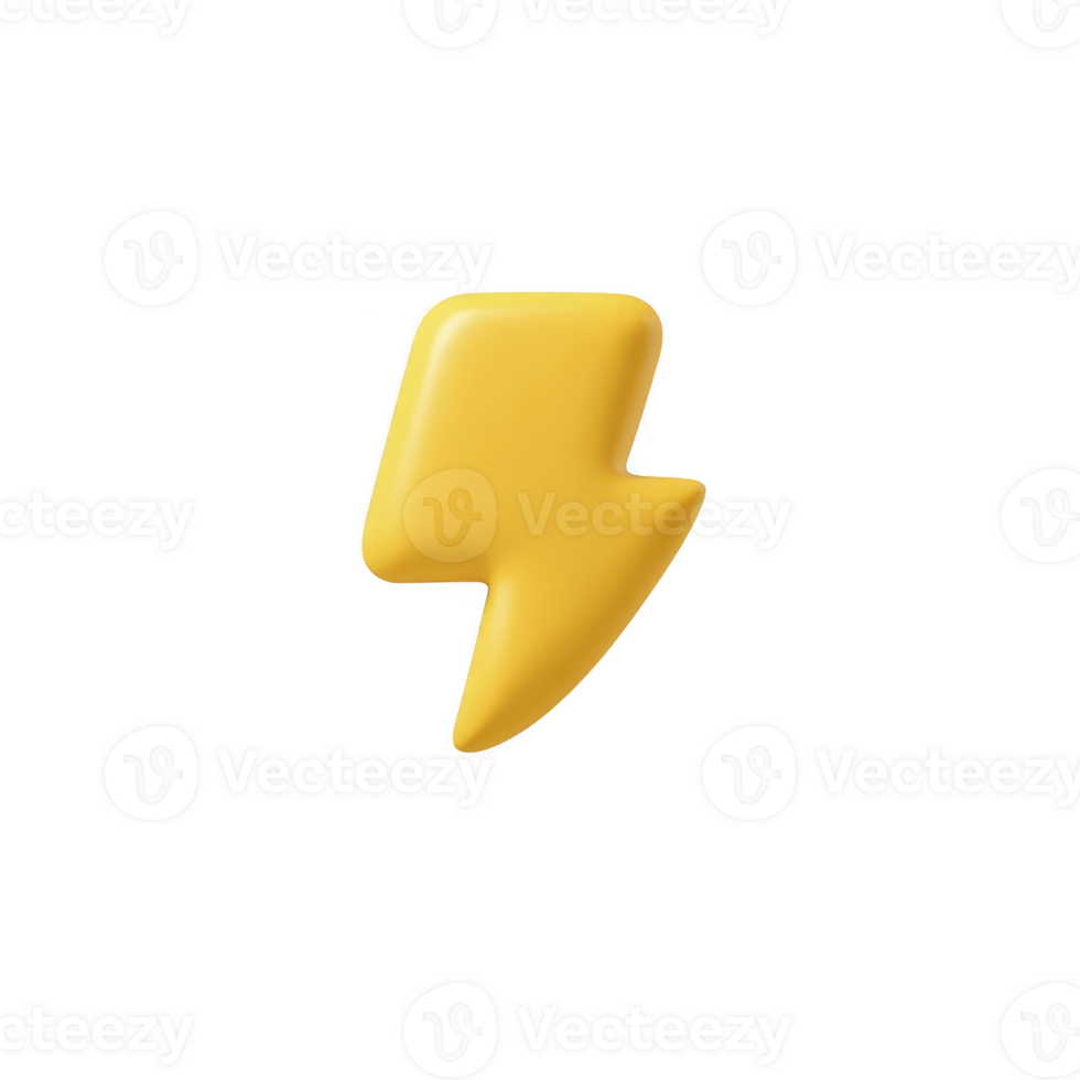 3D yellow lightning bolt icon on transparent background, symbolizing energy and power. design is simple and modern, suitable for digital use in apps or websites png