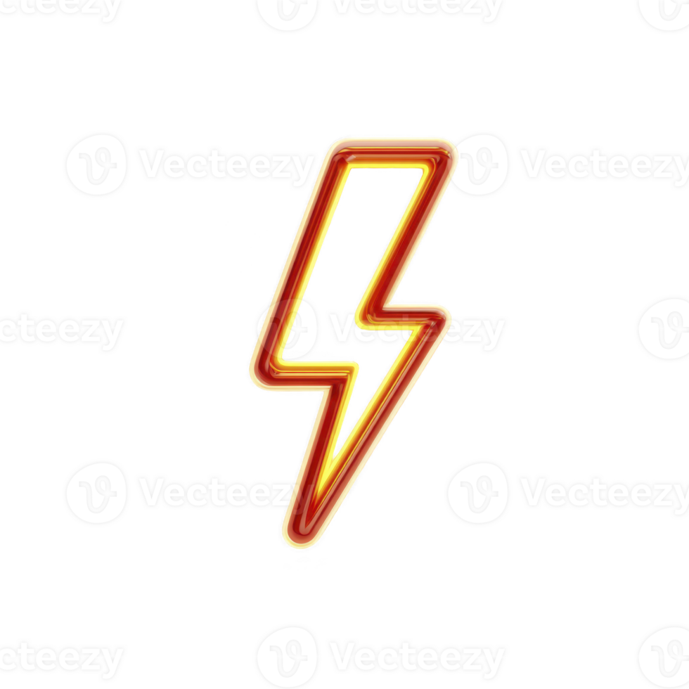 Glowing neon lightning bolt symbol stands out against transparency background, radiating energy and vibrancy. bright orange and yellow hues create striking contrast, evoking sense of power png