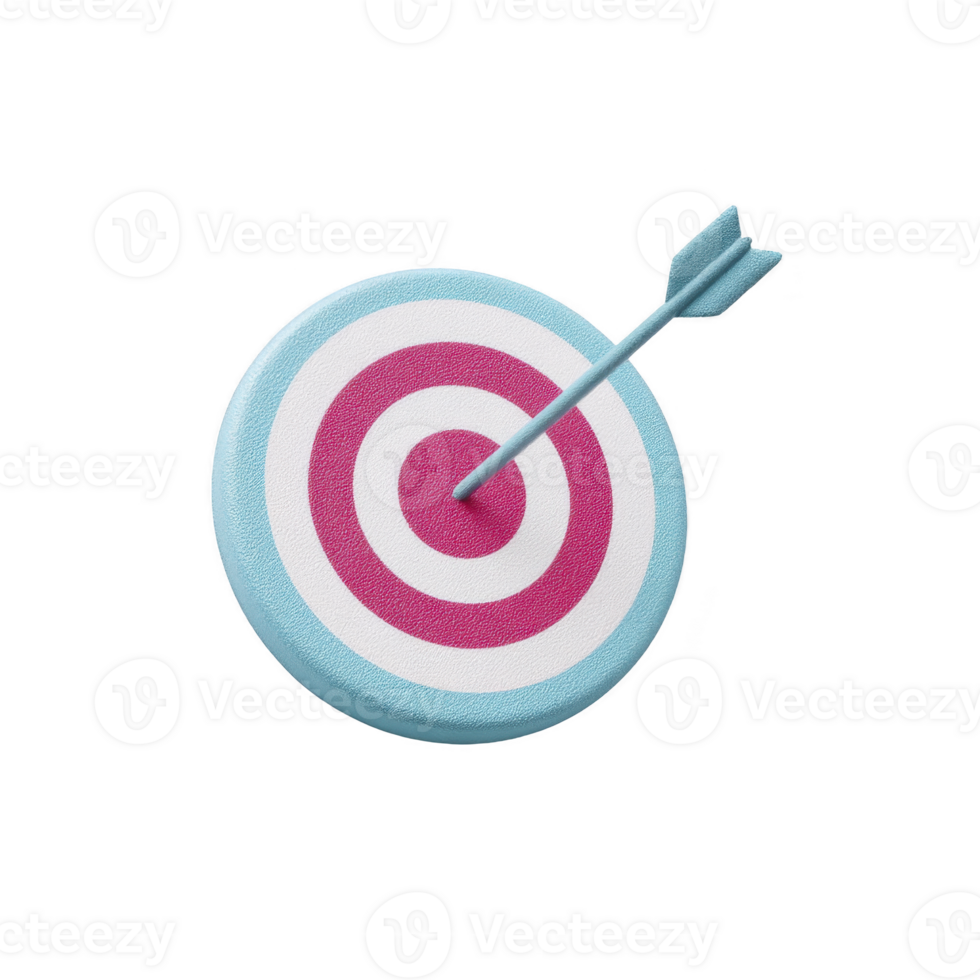 Blue arrow hits center of colorful target, symbolizing precision and success. target features concentric circles in blue and pink, set against plain background png