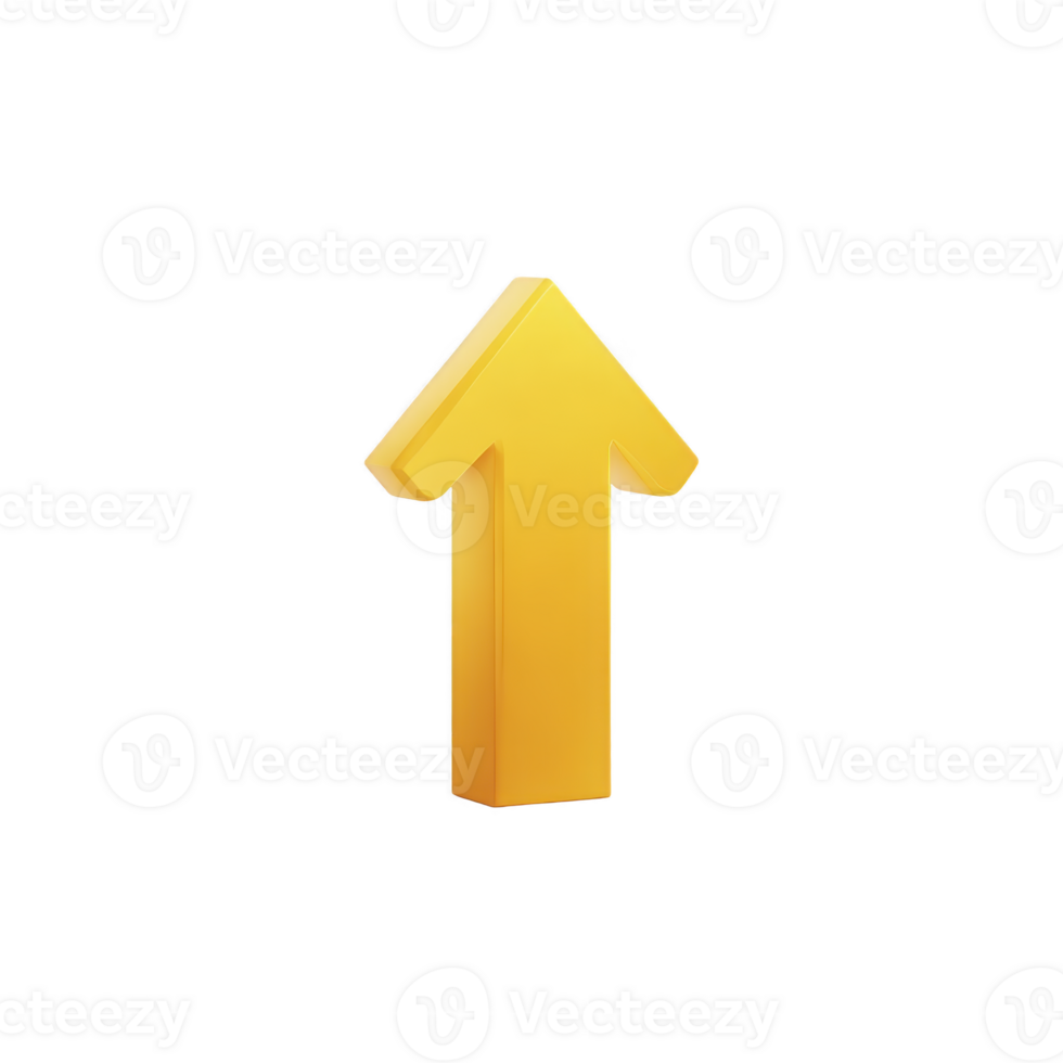 3D yellow arrow pointing upwards symbolizes growth, progress, or increase. vibrant color and simple design make it ideal for presentations or infographics png