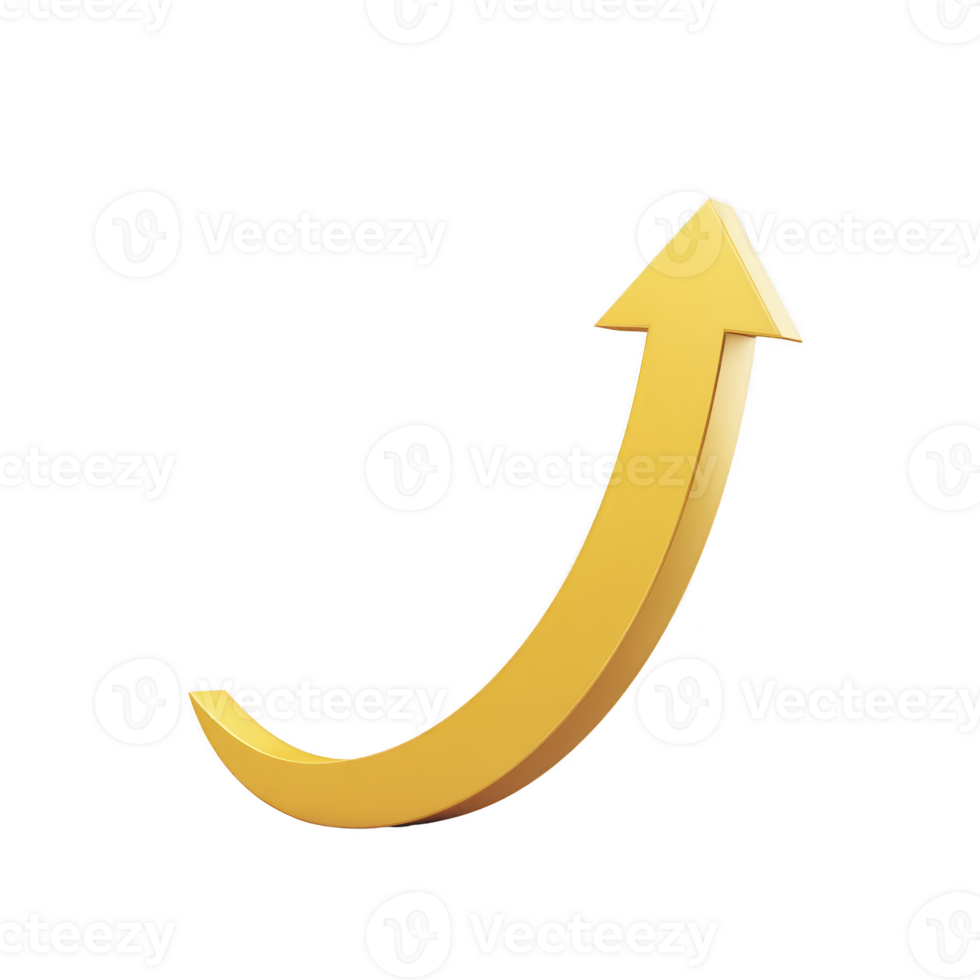 Shiny, golden upward arrow with curved tail symbolizes growth and progress, set against transparent background png