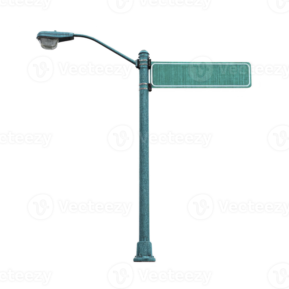 Tall street lamp with attached blank green street sign stands isolated against transparency background, evoking sense of urban simplicity png