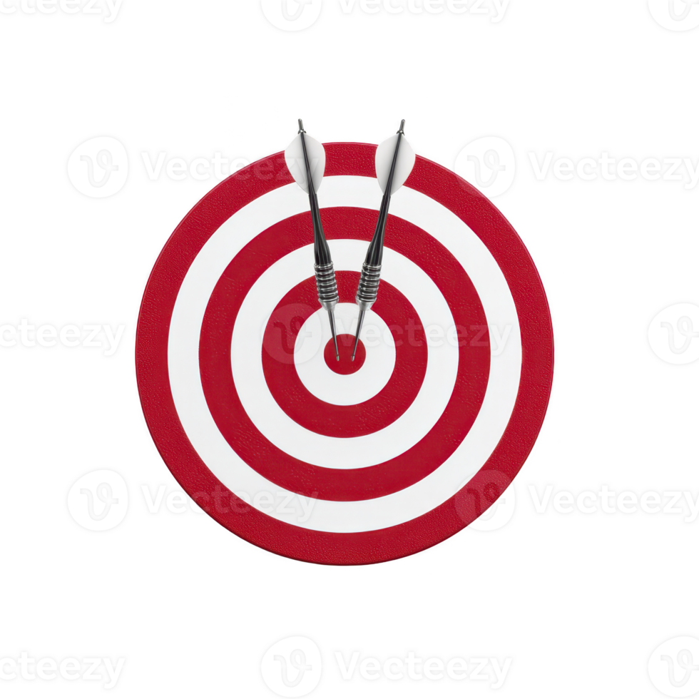 Red and white dartboard with two darts hitting bullseye symbolizes precision and success. image conveys sense of achievement and focus png