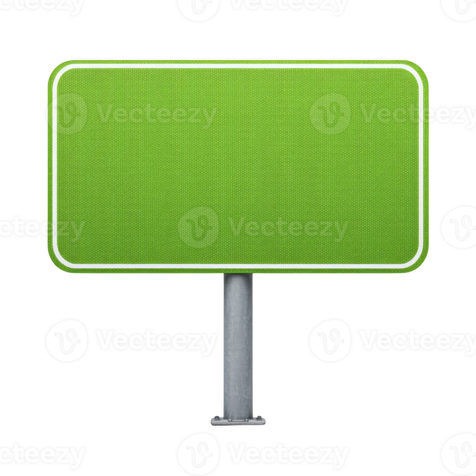 Blank green road sign with metal pole stands isolated on transparency background, ready for customization or text addition. sign vibrant color and simple design make it ideal for various uses png
