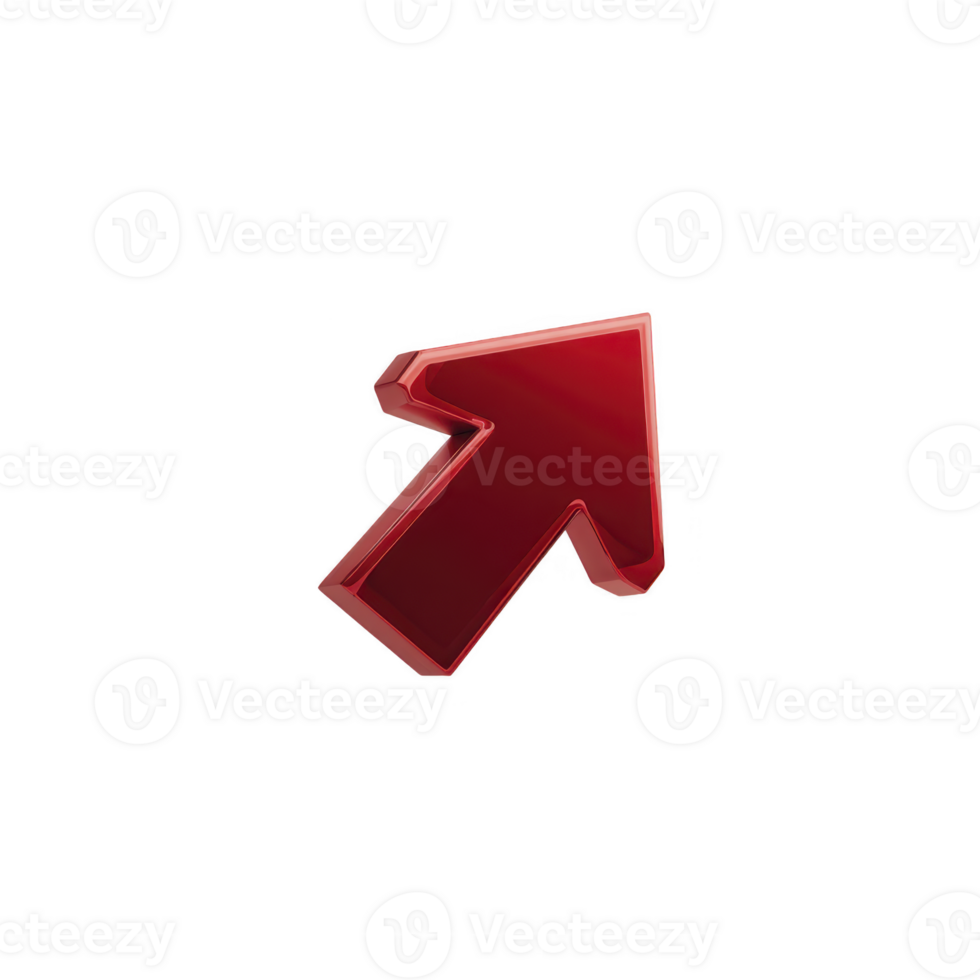 Shiny red 3D arrow pointing upwards on transparency background, symbolizing direction and progress. arrow has glossy finish, giving it modern and dynamic appearance png