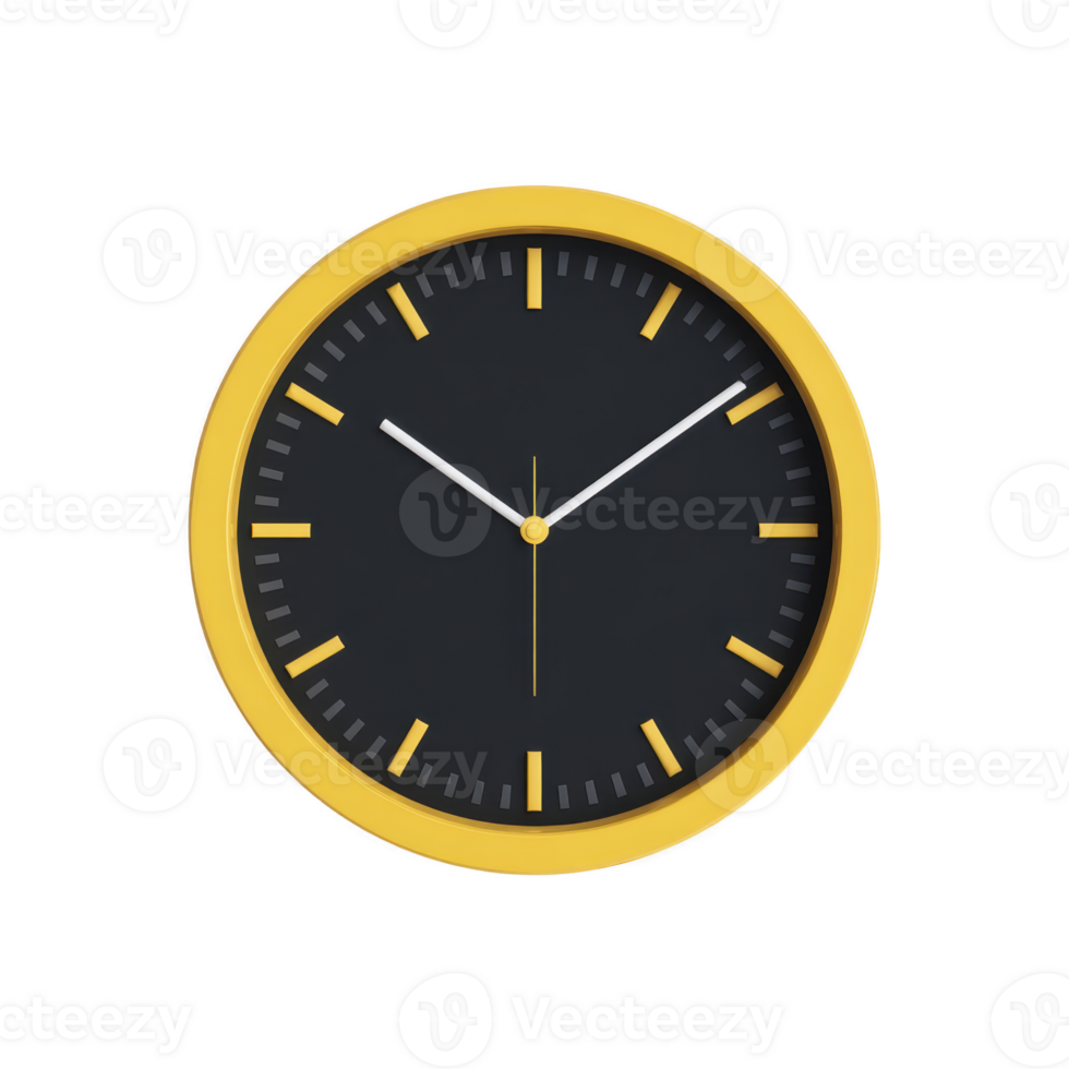 Modern wall clock with sleek black face and vibrant yellow frame, featuring minimalist hour and minute markers. clock hands are simple and elegant, adding touch of sophistication png