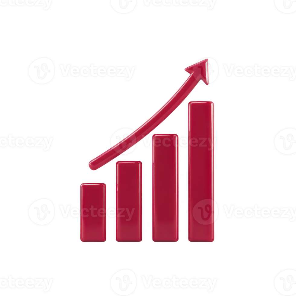 Red 3D bar graph with upward arrow symbolizes growth and success, often used in business and finance contexts to represent positive trends and progress png