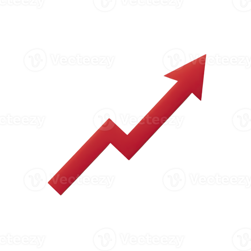 Red zigzag arrow pointing upwards symbolizes growth, progress, or increase in data or statistics. bold color and sharp angles convey sense of dynamic movement and positive change png