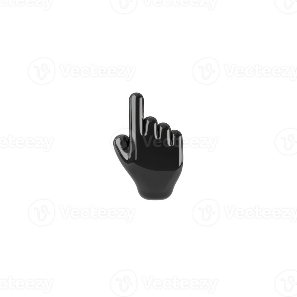 Black 3D hand cursor icon pointing upwards, symbolizing navigation or selection in digital interfaces. glossy finish adds modern touch, making it suitable for tech related designs png