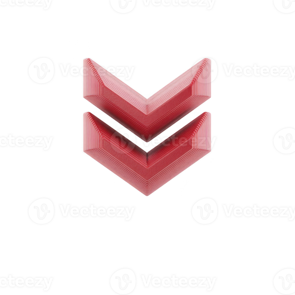 Red double chevron arrows pointing downward, layered with 3D effect, isolated on transparency background. design is modern and sleek, suitable for digital interfaces or graphic design projects png