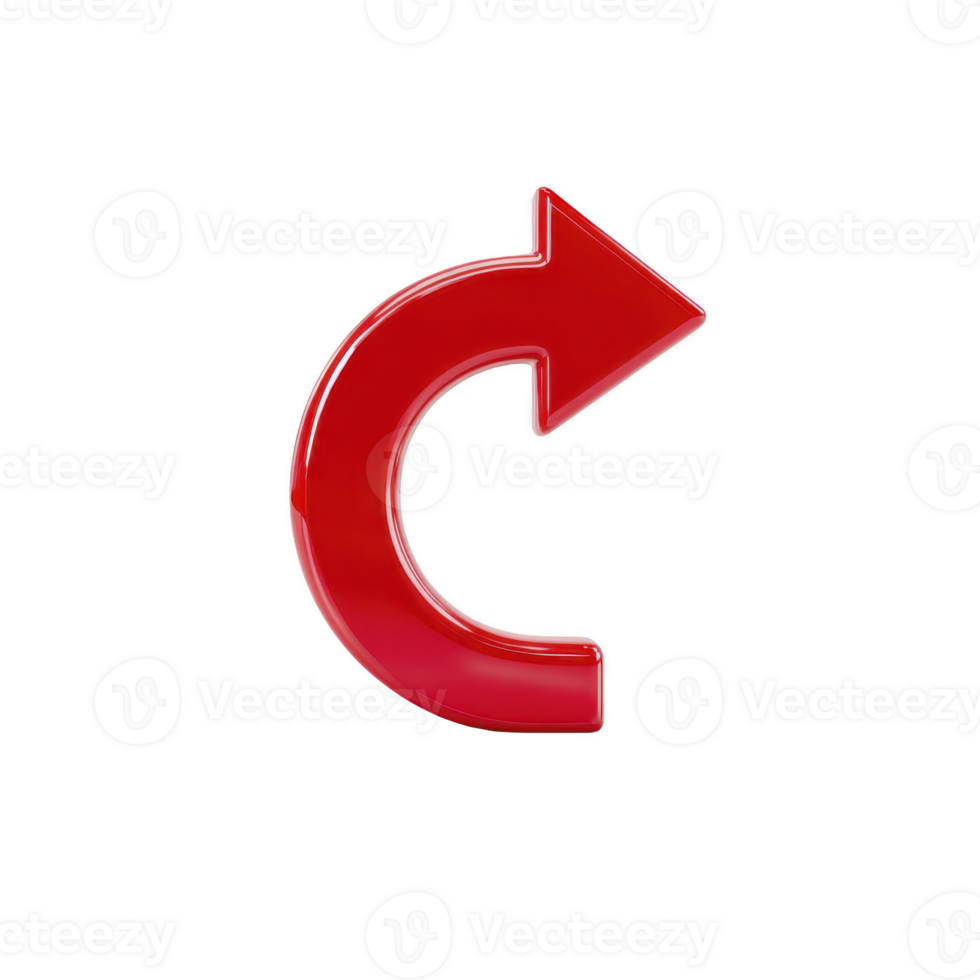 Shiny red curved arrow pointing right on transparent background, symbolizing direction or movement. glossy finish adds modern touch, making it suitable for digital interfaces png