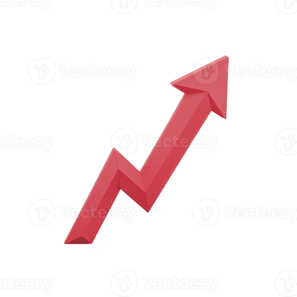 Red zigzag arrow pointing upwards symbolizes growth, progress, or increase in data or statistics. arrow bold color and dynamic shape convey sense of positive momentum and success png