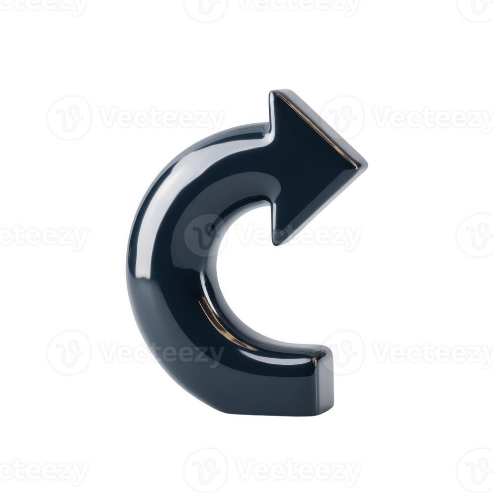 Glossy, black 3D arrow icon is depicted, curving upward and to right, symbolizing refresh or reload action. sleek design and reflective surface give it modern, digital appearance png