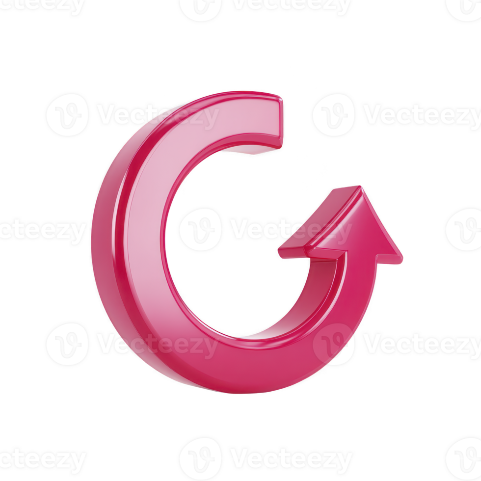 Shiny pink 3D arrow forms circular shape, symbolizing rotation or refresh. arrow glossy finish and vibrant color create modern and dynamic appearance png