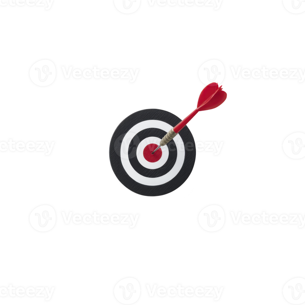 Red dart is perfectly hitting bullseye of black and white target, symbolizing precision and success. image conveys sense of achievement and focus png