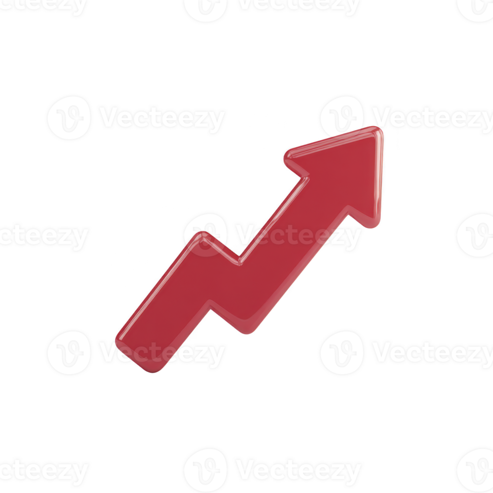 Red upward arrow with zigzag pattern symbolizes growth, progress, or increase in value. glossy finish adds modern touch, making it ideal for business or financial contexts png
